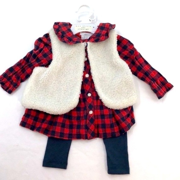 Max Studio Kids 3pcSet 5T buffalo plaid, top leggings, and fuzzy vest NWT - Picture 1 of 4